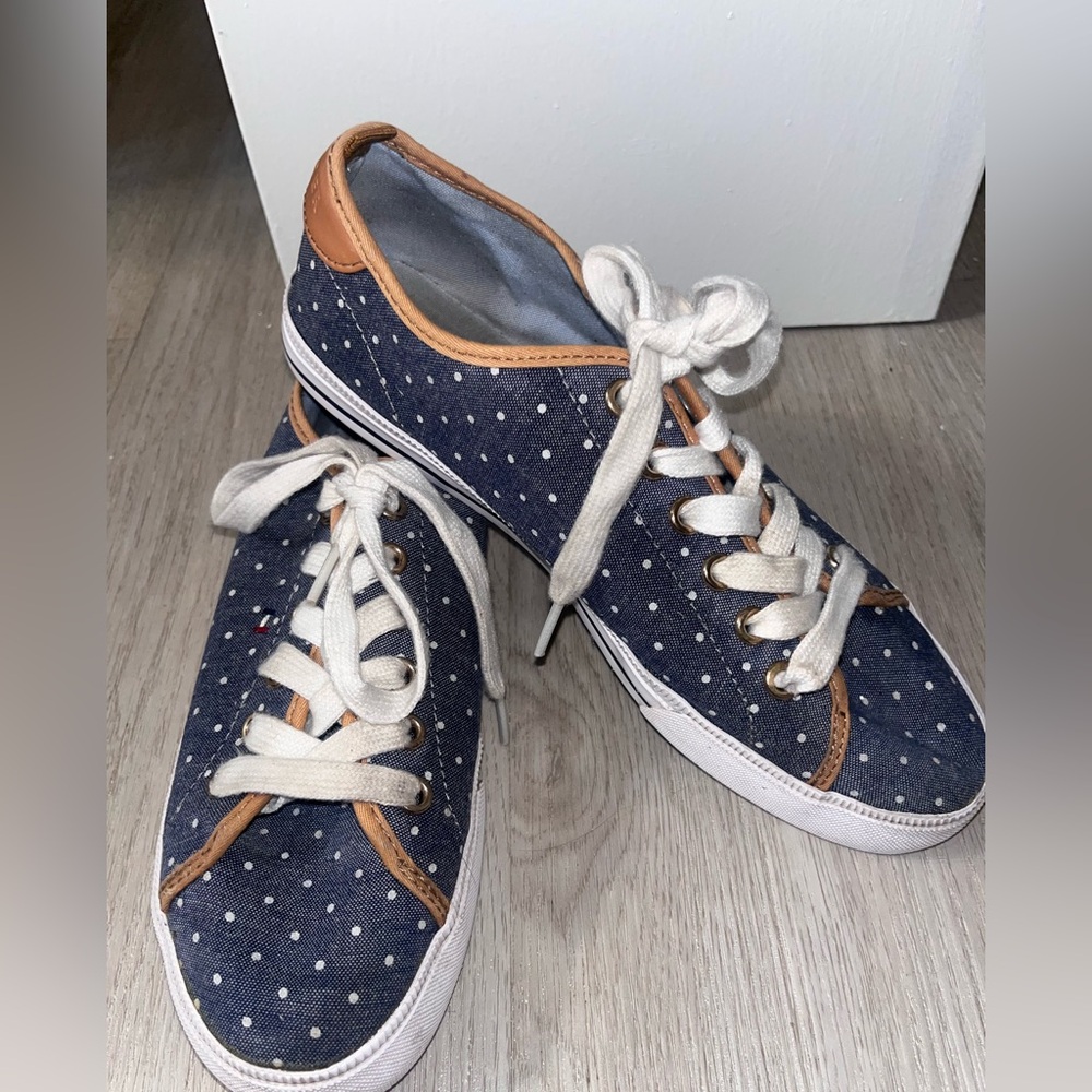 Tommy Hilfiger Polka Dot Canvas Sneakers Blue White Brown Lace Up Womens 8.5